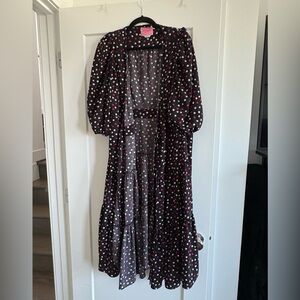 Kate Spade Black and White Tiered Midi Dress with Puff Sleeves